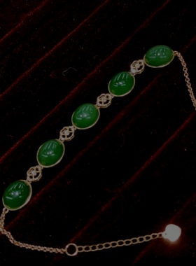 22年老店天然和田玉碧玉手链18k金镶嵌菠菜绿编号01023707