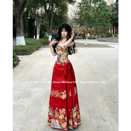 新中式国风红色改良汉服马面裙女夏季订婚小个子半身裙上衣一整套