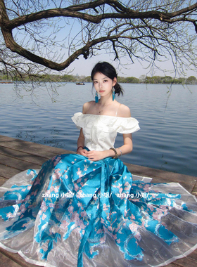 新中式国风蓝色改良汉服马面裙上衣套装女秋绝美日常晚礼服成人礼