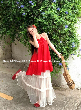 法式红色挂脖吊带连衣裙女夏季纯欲风慵懒宽松旅游度假大摆裙裙子