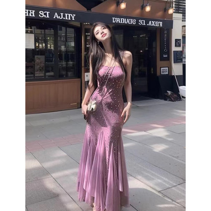 法式紫色手工烫钻包臀鱼尾连衣裙女夏季低胸修身纯欲度假风吊带裙