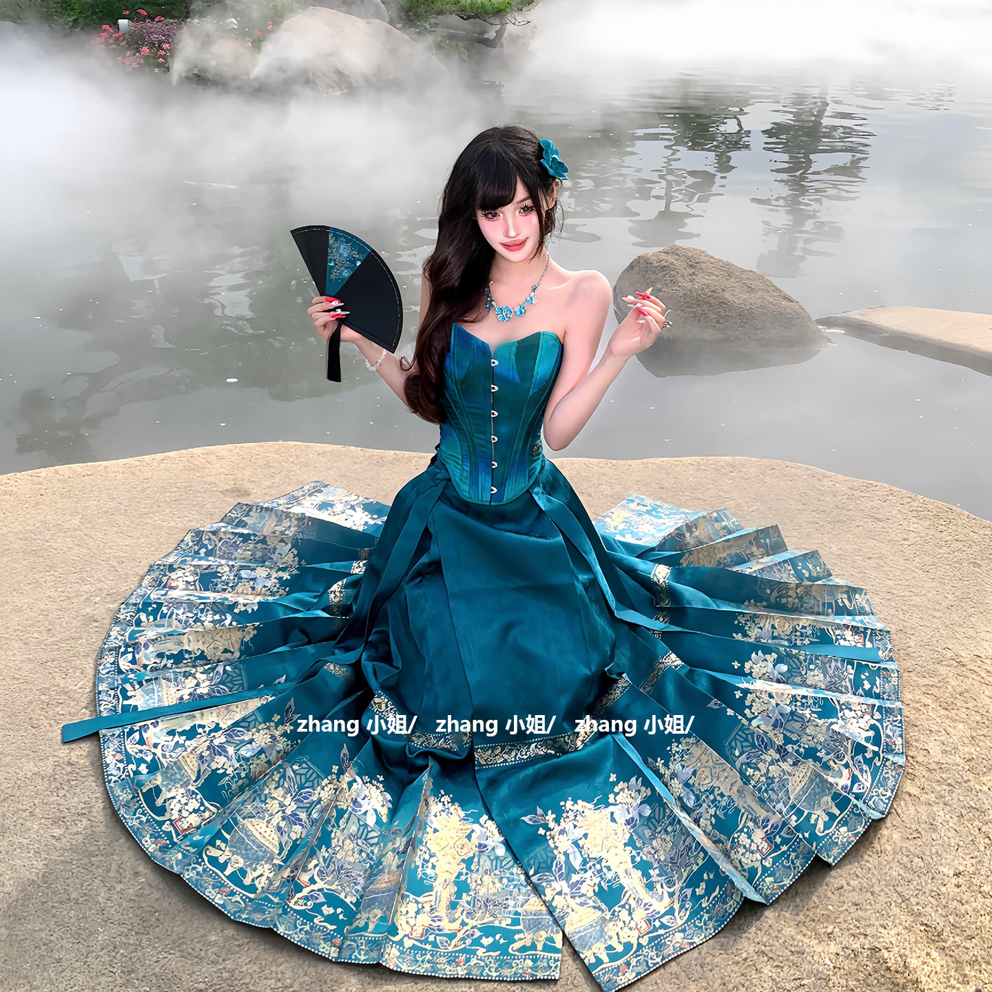 新中式国风蓝色汉服改良百褶马面裙女夏季绝美晚礼服抹胸上衣套装
