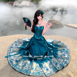 新中式国风蓝色汉服改良百褶马面裙女夏季绝美晚礼服抹胸上衣套装