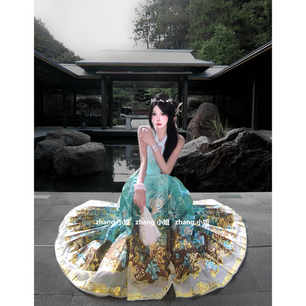 新中式国风绿色改良汉服马面裙上衣套装女秋冬高级感成人礼礼服裙