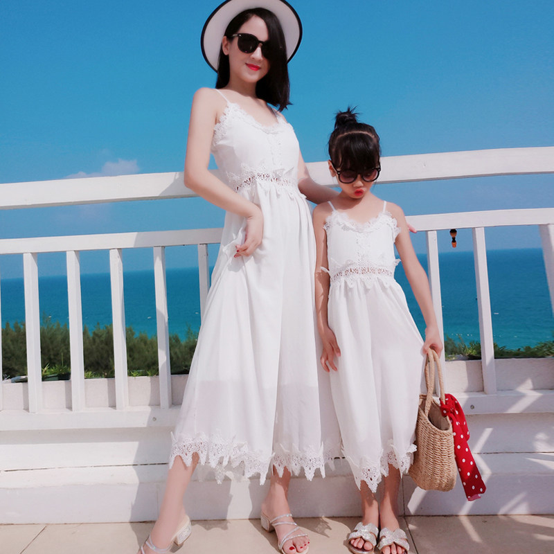 亲子装2023夏装新款潮母女装洋气白色雪纺阔腿裤韩版连体裤吊带裤
