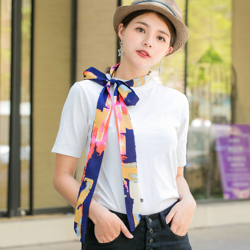 小丝巾女春秋天韩国百搭长款窄细条领巾春秋装饰围巾发带腰带飘带