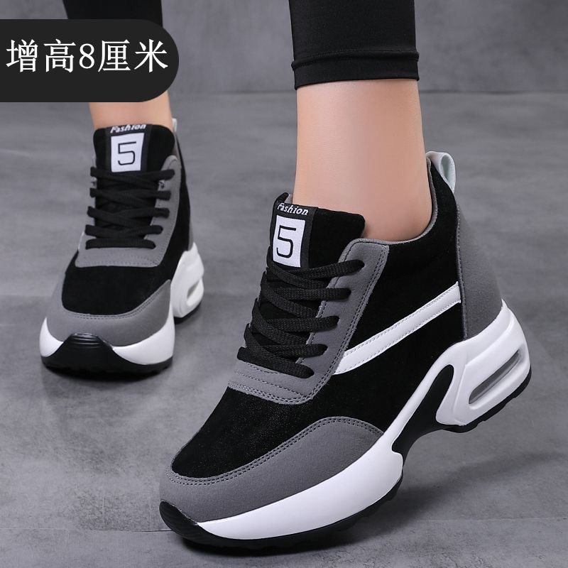 秋冬款韩版隐形内增高8-9cm女鞋轻便软底女士显瘦皮面大码运动鞋