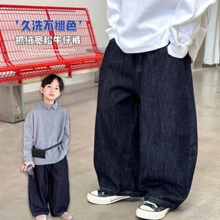 儿童洋气复古蓝色加厚抓绒牛仔裤潮2025秋冬男童宽松休闲直筒长裤
