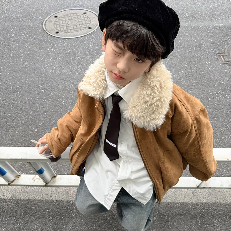 儿童洋气加厚毛领长袖鹿皮绒棕黄夹克冬韩版男童保暖棉服外套上衣