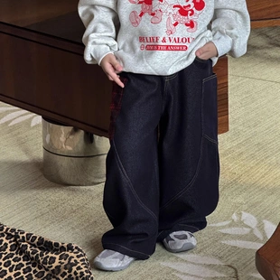 男宝宝洋气红色格子加厚一体绒弯刀牛仔裤潮冬季男童宽松休闲长裤