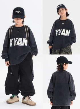 儿童水洗做旧字母印花假两件圆领套头卫衣潮春季男童宽松休闲上衣