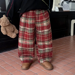 儿童洋气红色格子呢子加绒加厚休闲裤百搭潮冬季男童休闲直筒长裤
