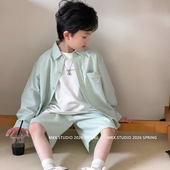 2026春男童休闲衬衣中裤 儿童洋气薄款 套装 衬衫 两件套 纯色翻领长袖