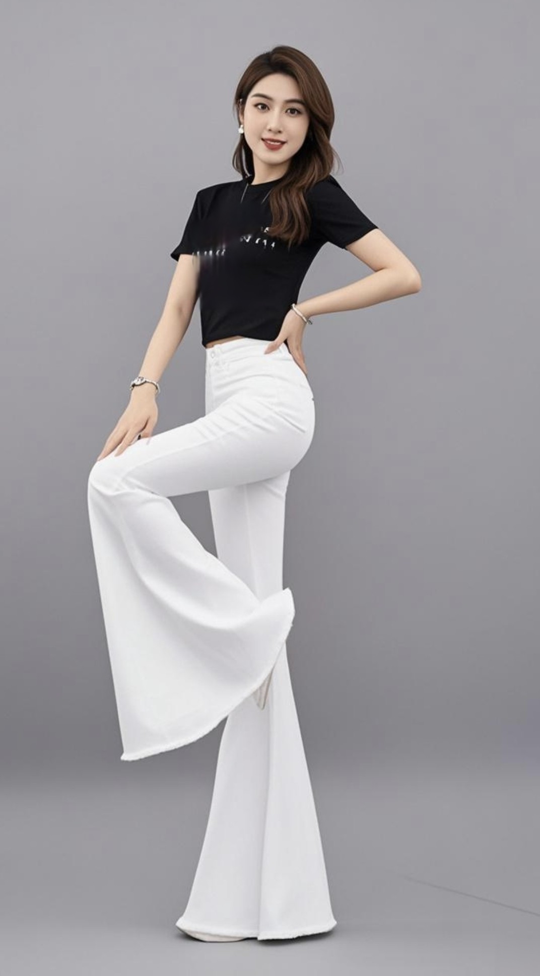 白色牛仔裤女2025年夏季新款蝴蝶高腰弹力遮肉显瘦修身大喇叭长裤