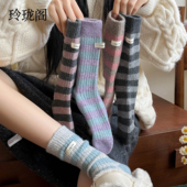 羊毛袜子女条纹布标中筒袜秋冬新款 加厚保暖羊绒袜长袜搭配鲨鱼裤