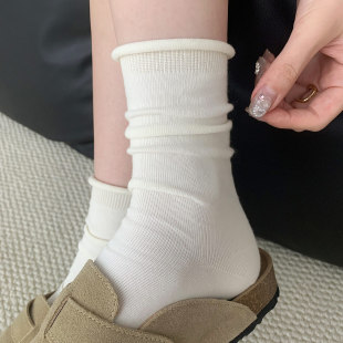 薄款 白色袜子女款 夏季 爆款 中筒袜纯棉卷边堆堆袜女士长袜 2026新款