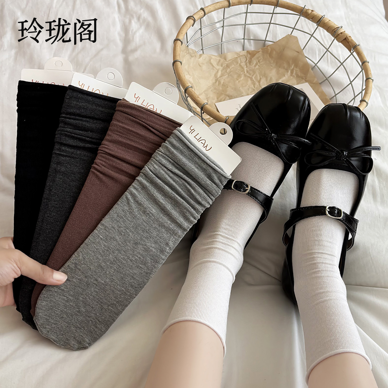 白色堆堆袜子女夏季薄款纯棉中筒袜长袜配小皮鞋玛丽珍miu系夏天