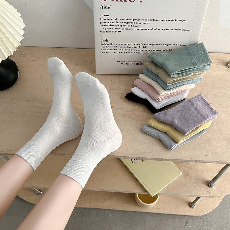 白色袜子女纯棉中筒袜无骨春秋款长袜初中生堆堆袜夏季薄款月子袜