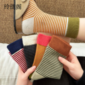 撞色堆堆长袜配勃肯鞋 纯棉中筒ins潮韩版 女士 春夏季 条纹袜子女款