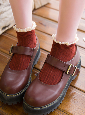 花边短袜子女款纯棉袜秋冬季木耳边lolita红色蕾丝公主短筒袜日系