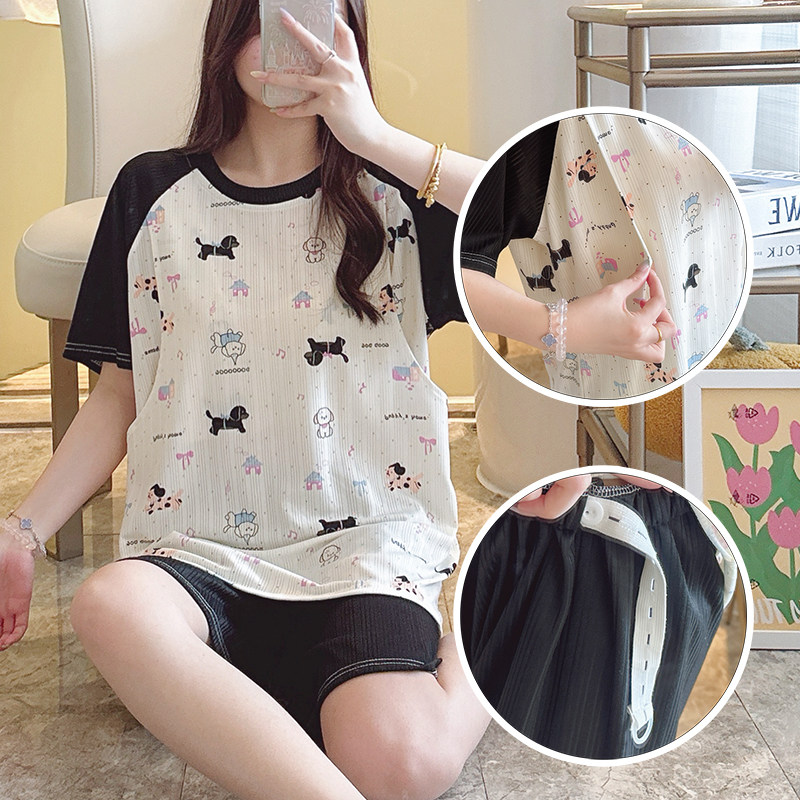 夏天短袖产后哺乳睡衣产妇月子服夏季薄款待产期孕妇喂奶两件套装