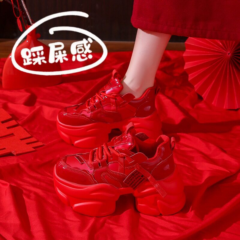 女鞋配秀禾服婚鞋秋冬款老爹鞋小个子厚底增高休闲运动红色新娘鞋图片