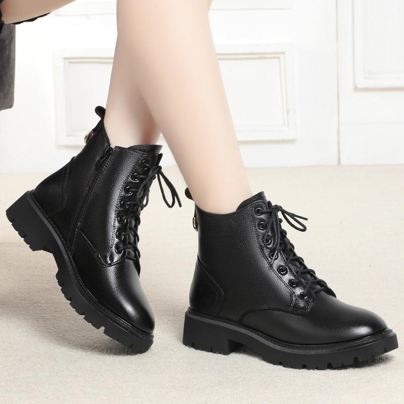 2025真皮女冬加绒短靴厚底马丁靴加厚羊毛棉鞋皮毛一体雪地靴女鞋