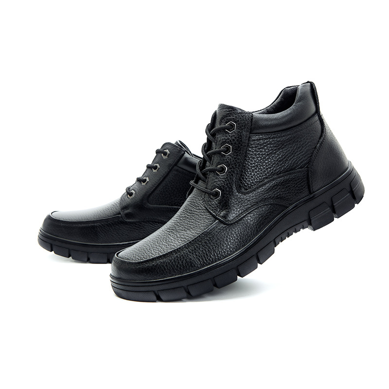 中邦系带头层牛皮男鞋黑色男士牛皮鞋工装鞋冬季加绒保暖皮鞋