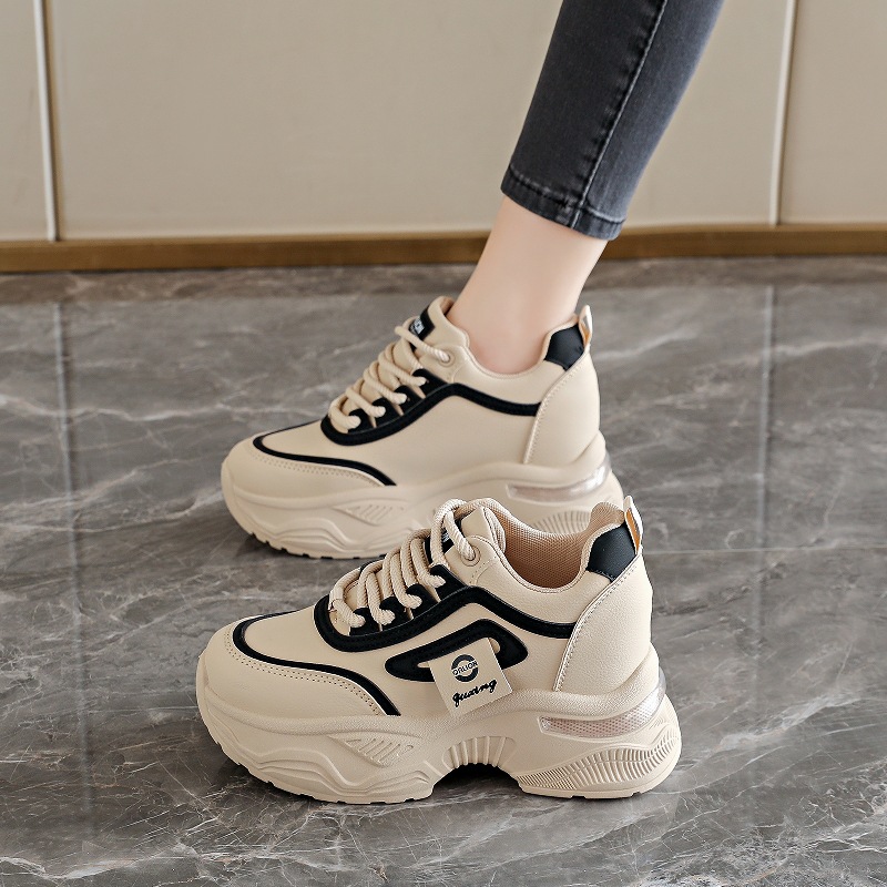 内增高女鞋新款2025拼色厚底运动皮面休闲鞋学生时尚女韩版老爹鞋