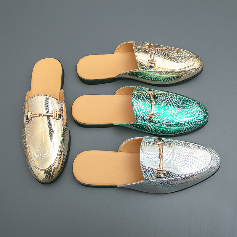 个性土豪金龙鳞半拖皮鞋男士漆皮亮面潮流休闲男鞋46大码懒人鞋男