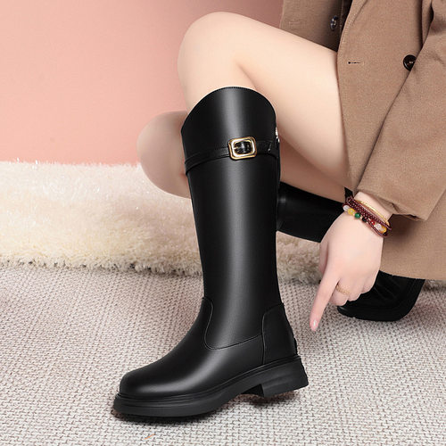 真皮女靴冬季平底棉靴平跟防滑矮跟加绒羊毛长筒靴子中筒靴马靴女