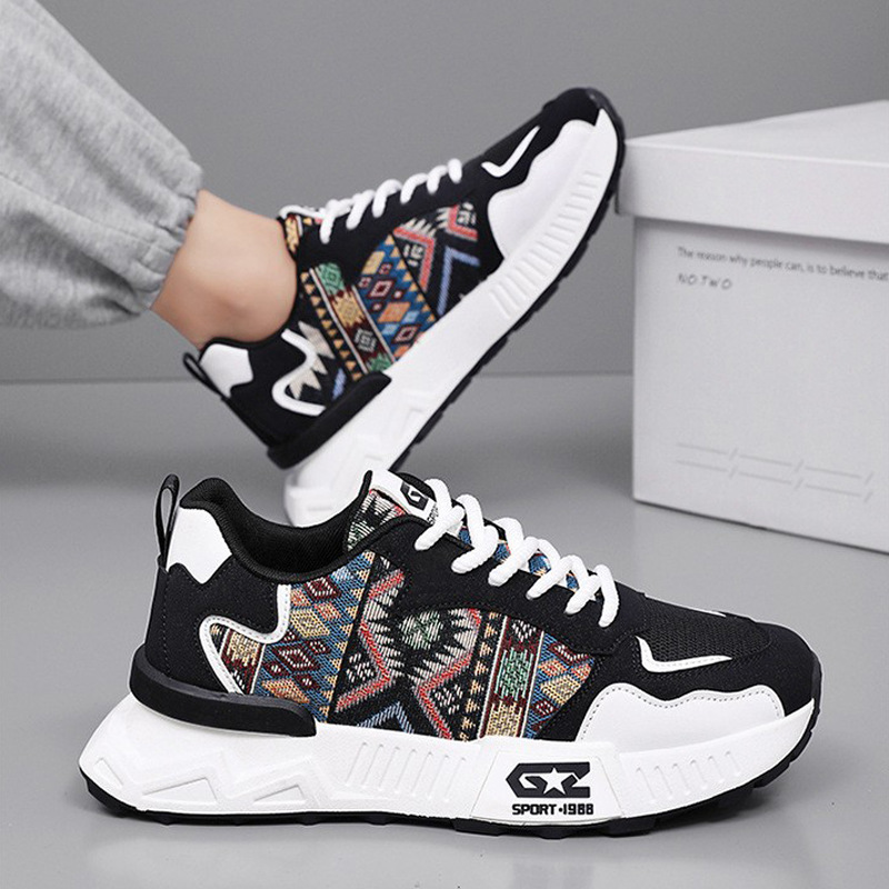 2025年新品运动男鞋潮款不规则花面厚底帆布鞋韩版百搭休闲老爹鞋