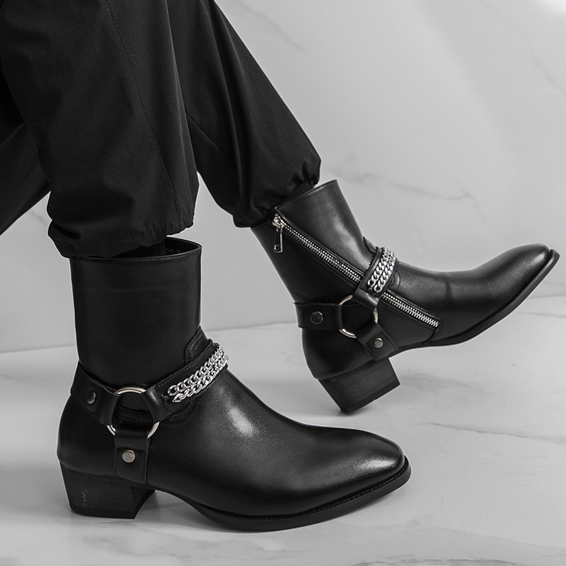 冬季欧美元年环扣切尔西靴男尖头高帮马丁靴潮流短筒男靴66649-J