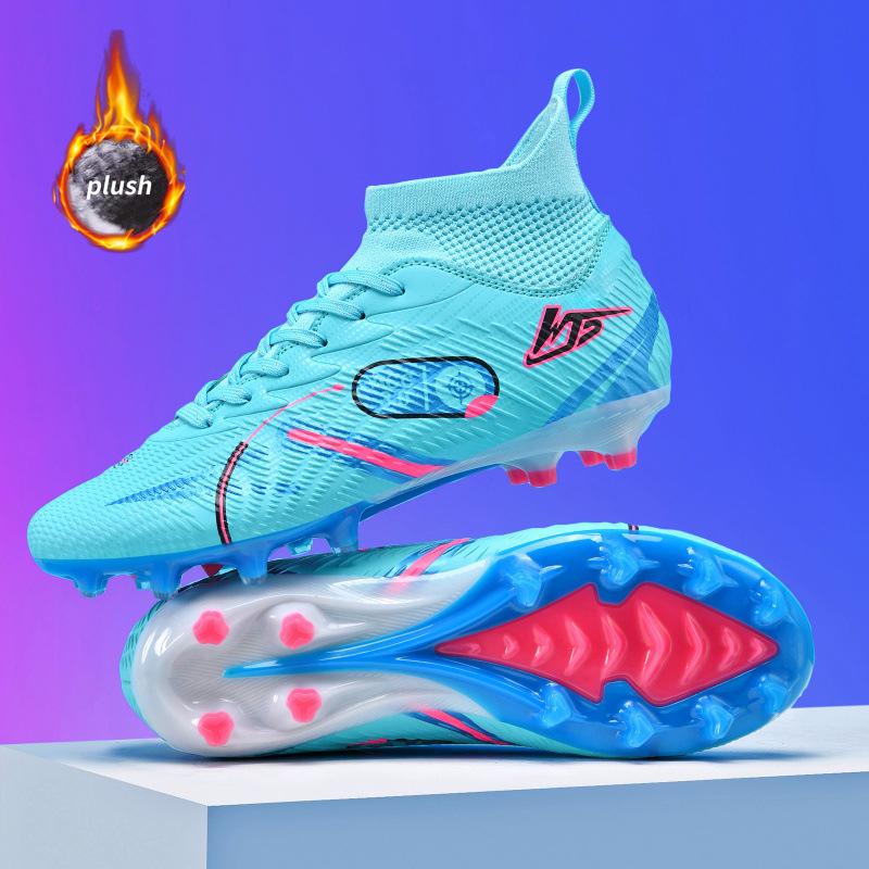 跨境希音高帮加绒足球鞋男女儿童tf碎钉人造草坪AG钉青少年训练鞋