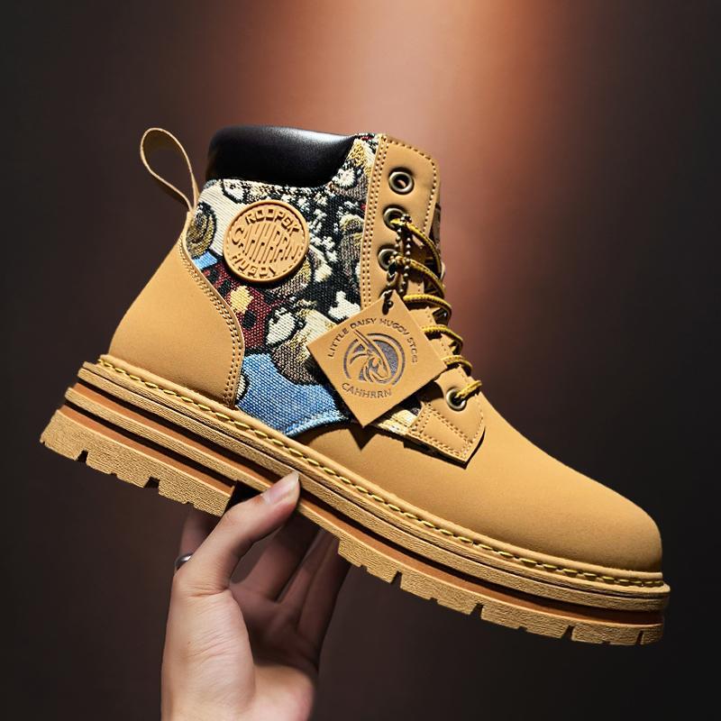 动漫卡通高帮帆布板鞋男士潮流厚底马丁靴网红男鞋防滑机车工装靴