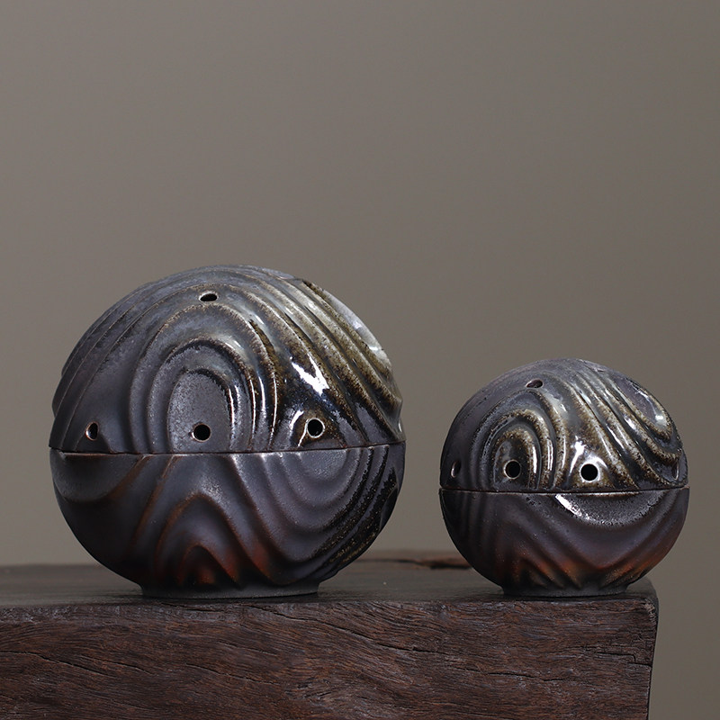 粗陶老岩泥柴烧香炉 手作复古香炉香禅意带盖香薰炉沉香白檀香皿