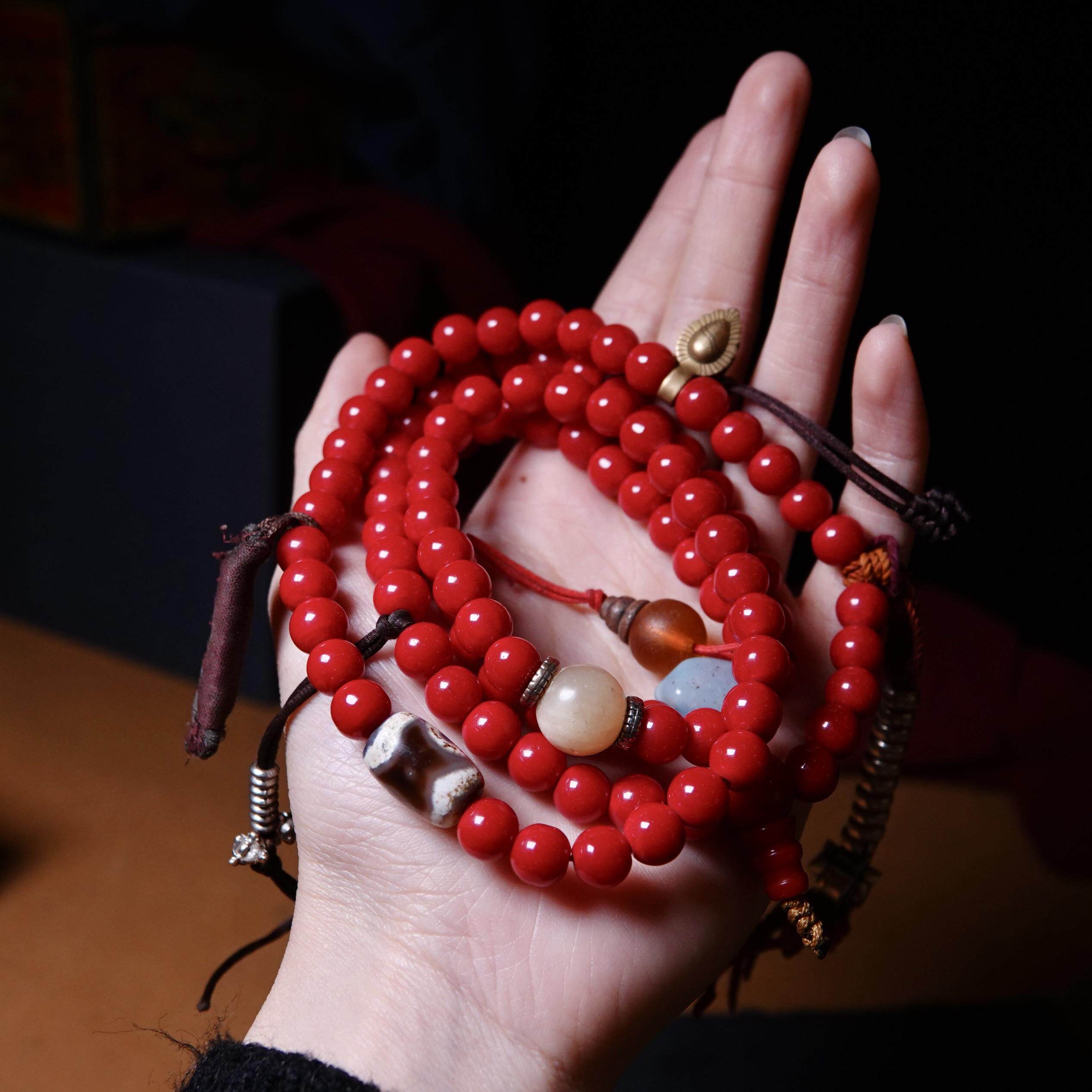 西藏原装红色琉璃老善业佛珠全品一套加老天珠包浆念珠手串随身