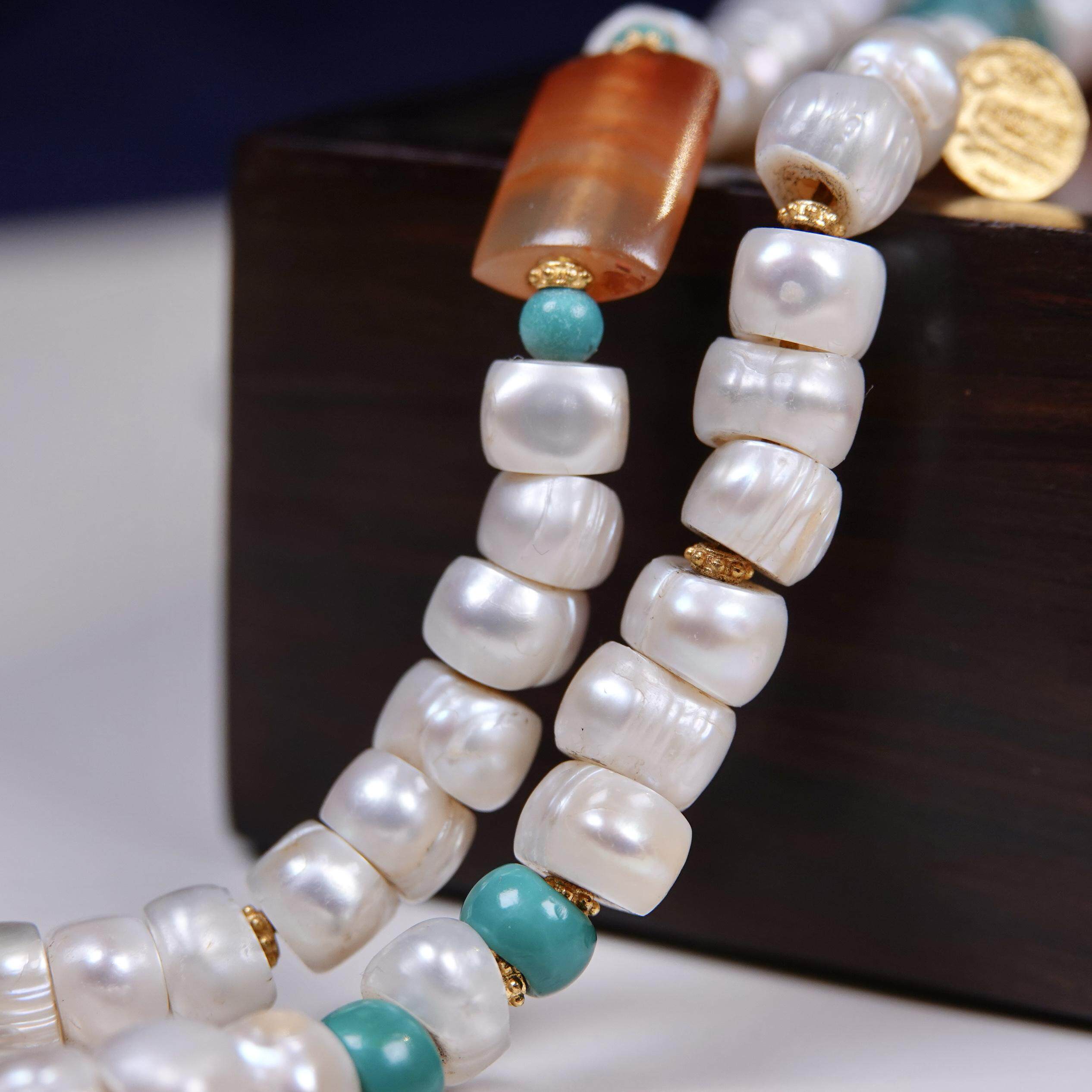 明清印度舶来纯金磨老珍珠念珠搭配玛瑙绿松石文玩diy手持项链