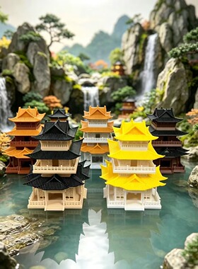 中式古建筑模型观山楼景观假山鱼缸水陆盆景微景观摆件国风3D打印