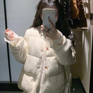 K小姐女装 水貂毛白鸭绒保暖大衣提花排骨羽绒服显瘦新中式厚外套