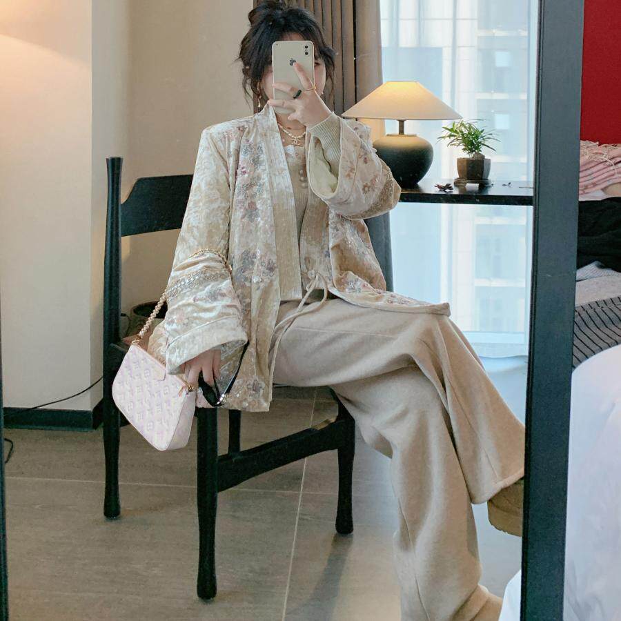 K小姐女装自制「乍暖还寒」白鸭绒提花外套中长款丝绒缀珠羽绒服