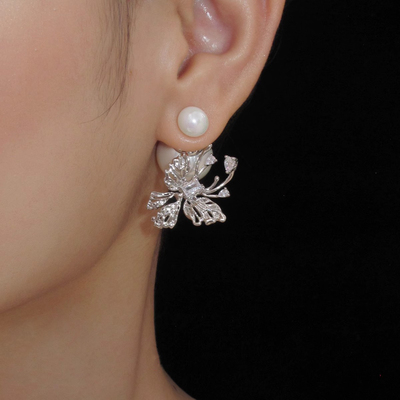 原创设计后挂式蝴蝶耳环珍珠耳钉