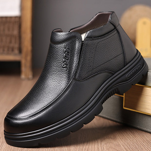 中老年一脚蹬棉皮鞋 高帮真皮加绒保暖鞋 63802 男冬季 2025爸爸棉鞋