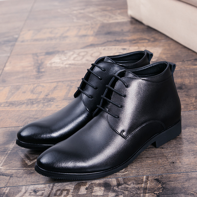 秋冬皮靴高帮商务休闲皮鞋男加绒棉靴尖头发型师鞋短靴牛皮马丁靴