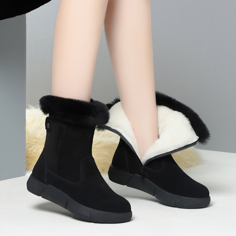 冬季新款真皮雪地靴女皮毛一体加厚羊毛中筒靴子加绒防滑东北棉鞋