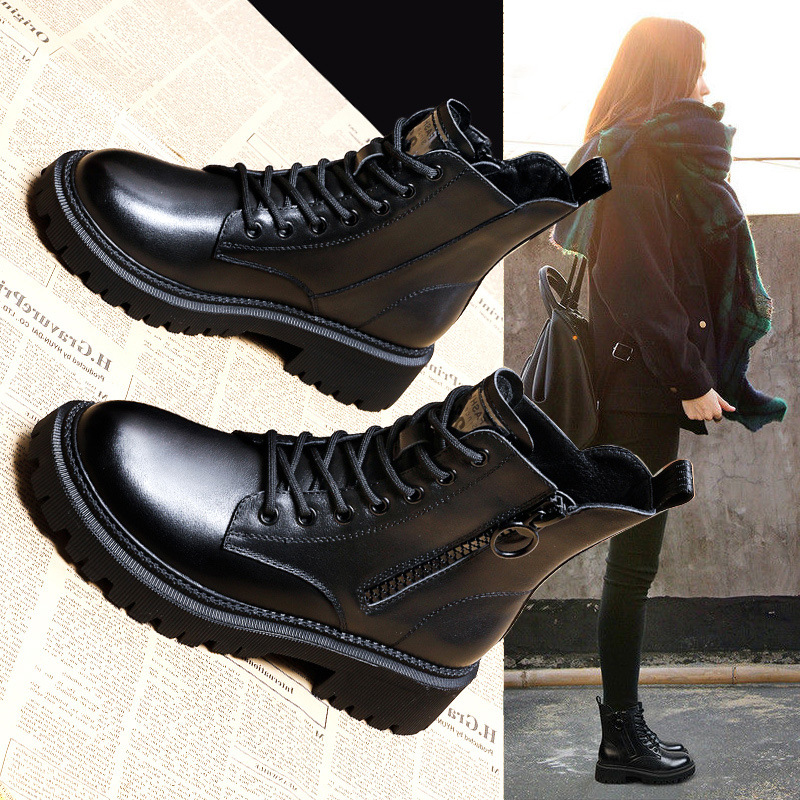 真皮马丁靴女鞋子年新款秋冬加绒英伦风百搭内增高短靴子棉鞋
