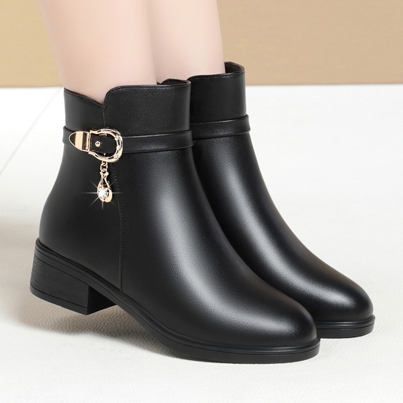 冬季加绒女鞋圆头保暖舒适粗跟短筒侧拉链休闲棉靴中年妈妈靴子女