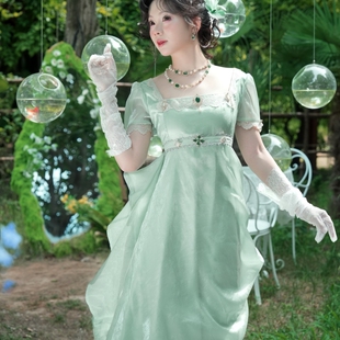 【傲慢与偏见】蓝绿色提花vintage古典Lolita夏季暗纹高腰帝政裙