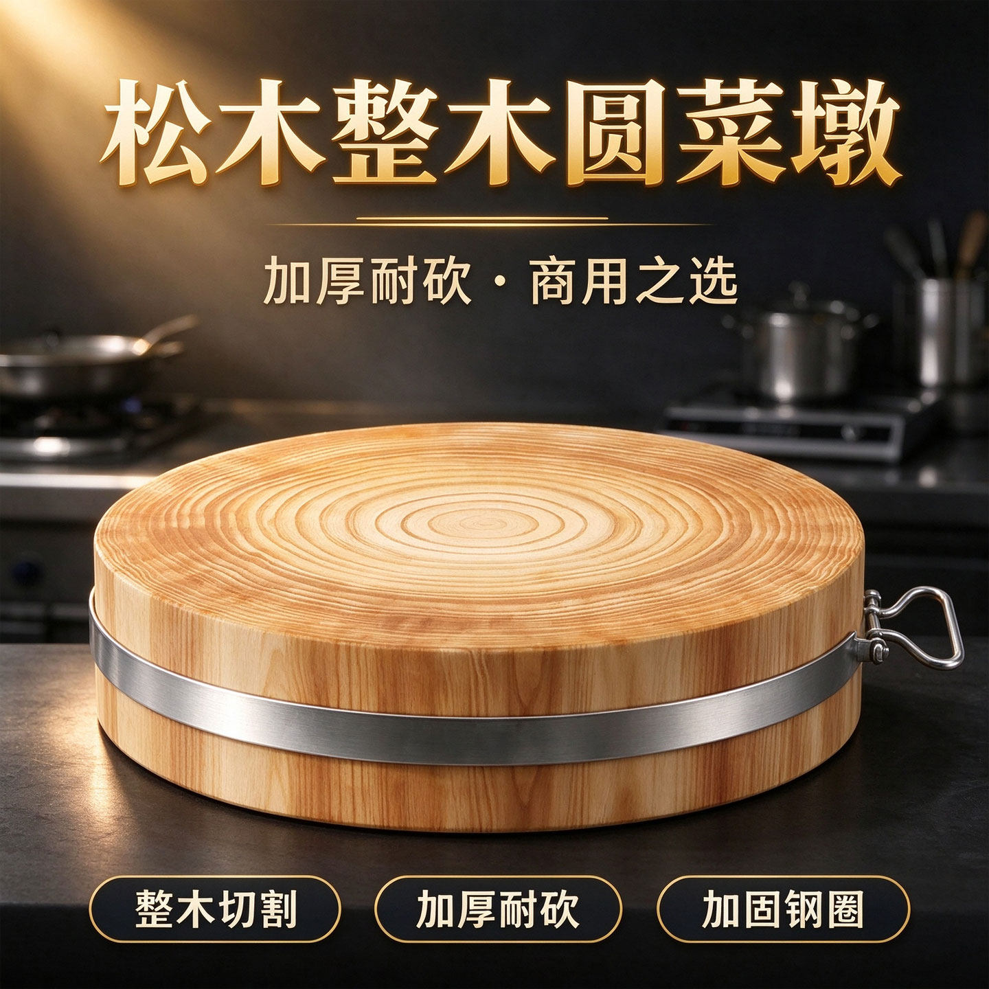 松木整木圆形菜板加厚耐砍商用厨房砧板不锈钢边框整块实木砧板
