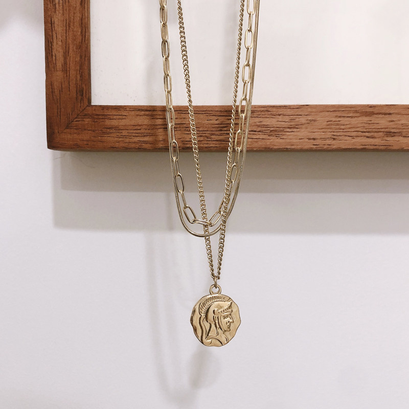 欧美冷淡风立体浮雕头像金币吊坠项链三层叠戴蛇骨链钱币毛衣链女